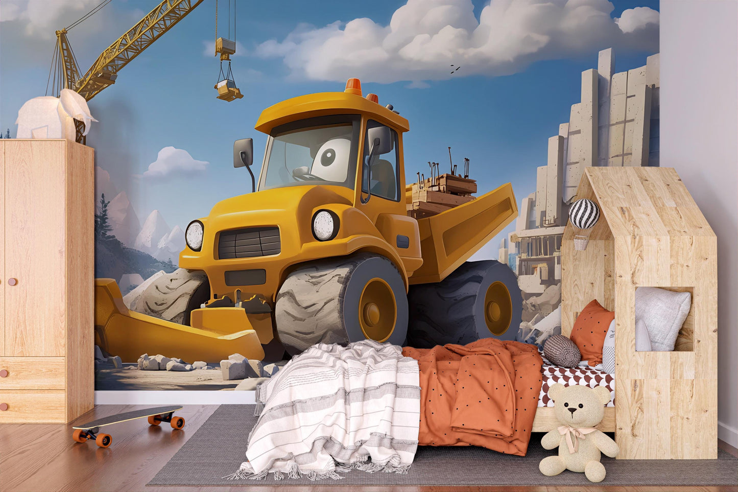 Cartoon Construction Vehicle Wall Mural – Kids Room Decor with Bulldozer & Cranes Vn442