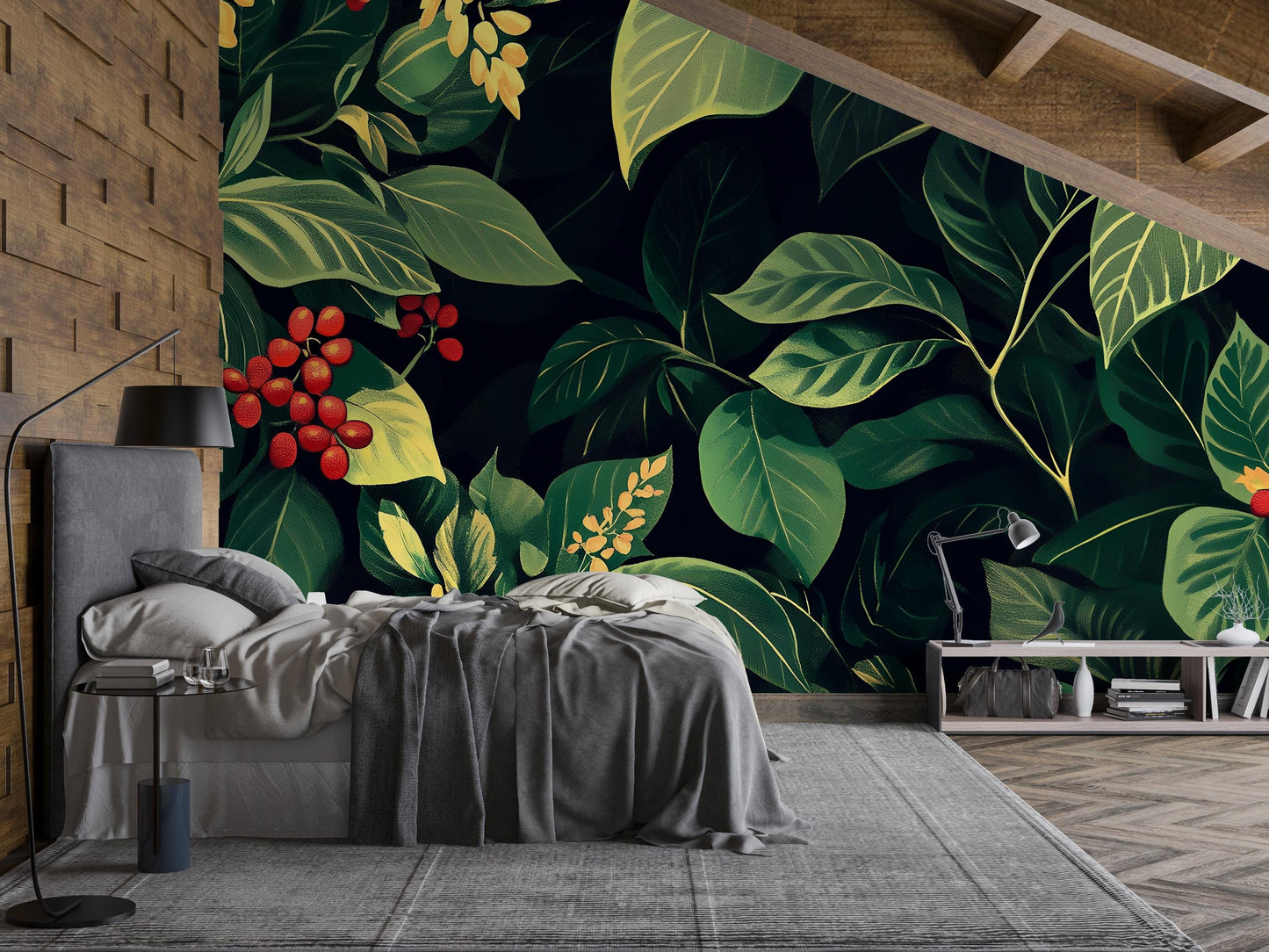 Tropical Botanical Wall Mural – Large Leaf Jungle Wallpaper for Bedroom, Peel and Stick Nature-Inspired Accent Wall Vn206