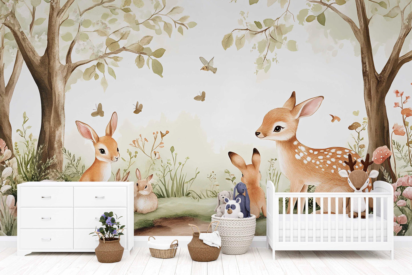 Woodland Animal Nursery Wall Mural – Cute Deer, Bunnies & Forest Scene Wallpaper for Baby Room, Gender Neutral Nursery Decor Vn449