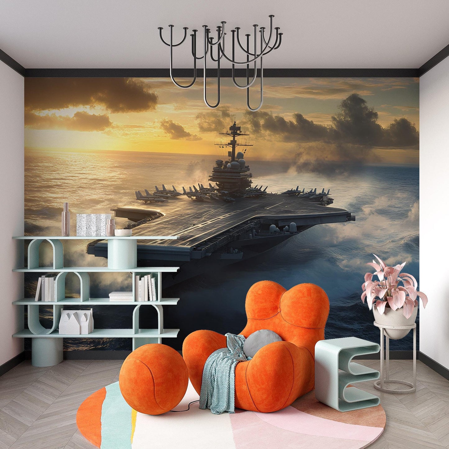 Aircraft Carrier Wall Mural | Navy Ship Ocean Sunset Wallpaper | Boys Military Bedroom Decor | Cool Warship Wall Art for Kids Room Vn464