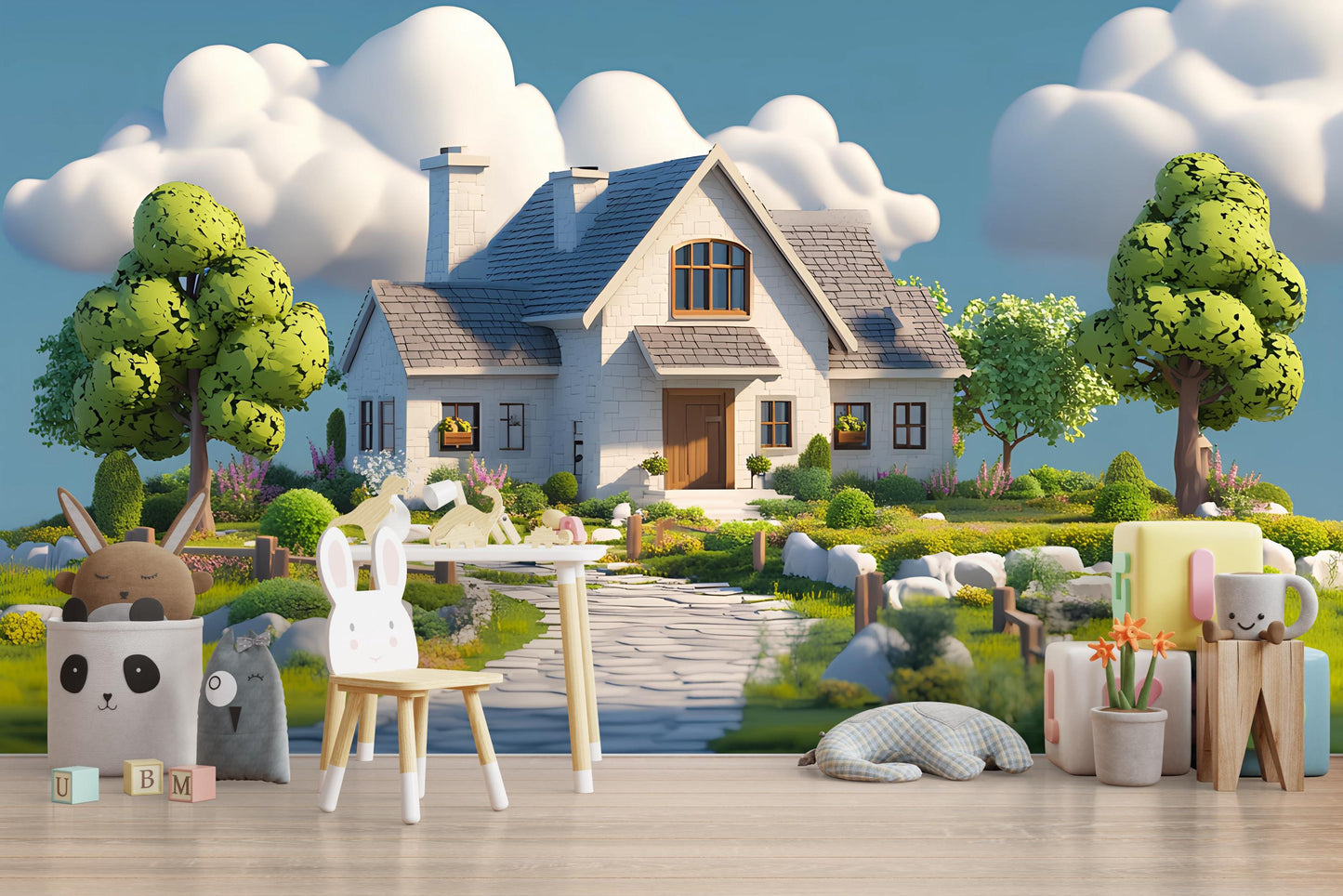 Whimsical Cottage Wall Mural for Kids Room – Cozy Fantasy House with Trees & Clouds Vn243