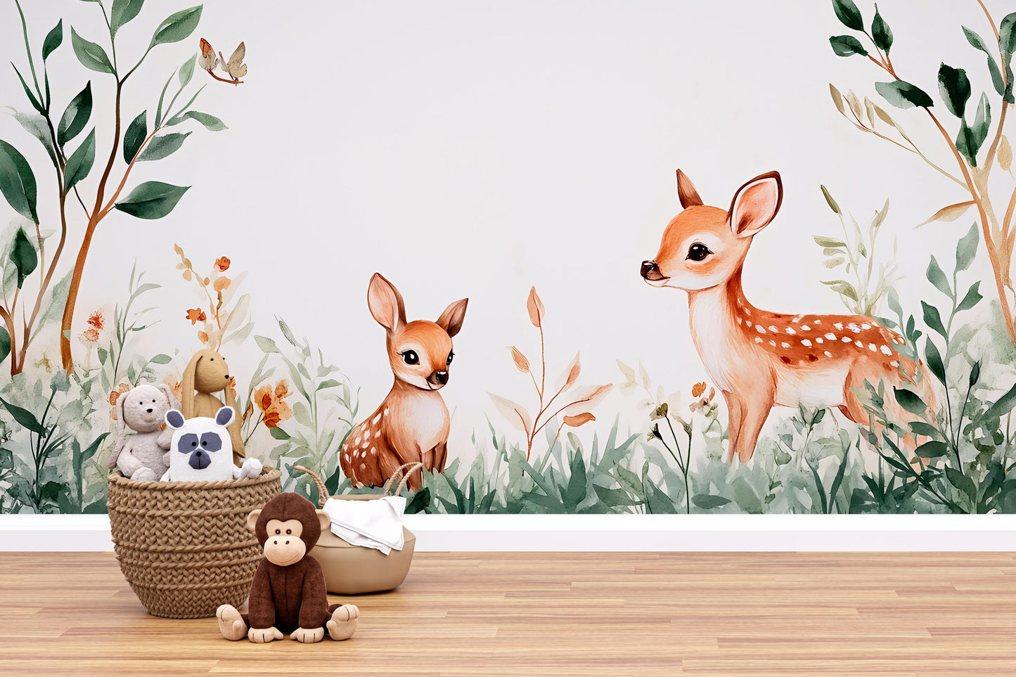 Whimsical Deer Wall Mural for Nursery – Woodland Baby Room Décor – Removable Vinyl Sticker – Forest Animal Vn340