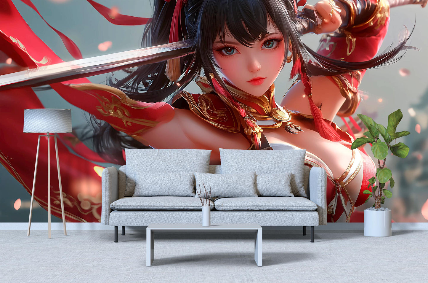 Anime Girl Warrior Wall Art | Samurai Fantasy Poster | Elegant Red Armor Decor Vn355
