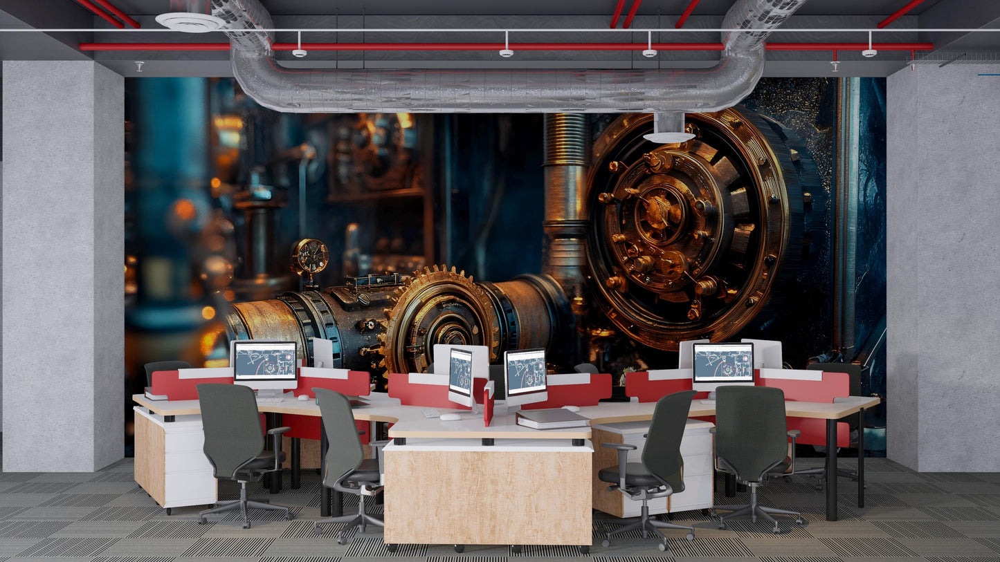 Steampunk Industrial Gear Wall Mural – Retro Mechanical Machine Art, Sci-Fi Decor for Office, Loft, or Studio Accent Wall Vn383