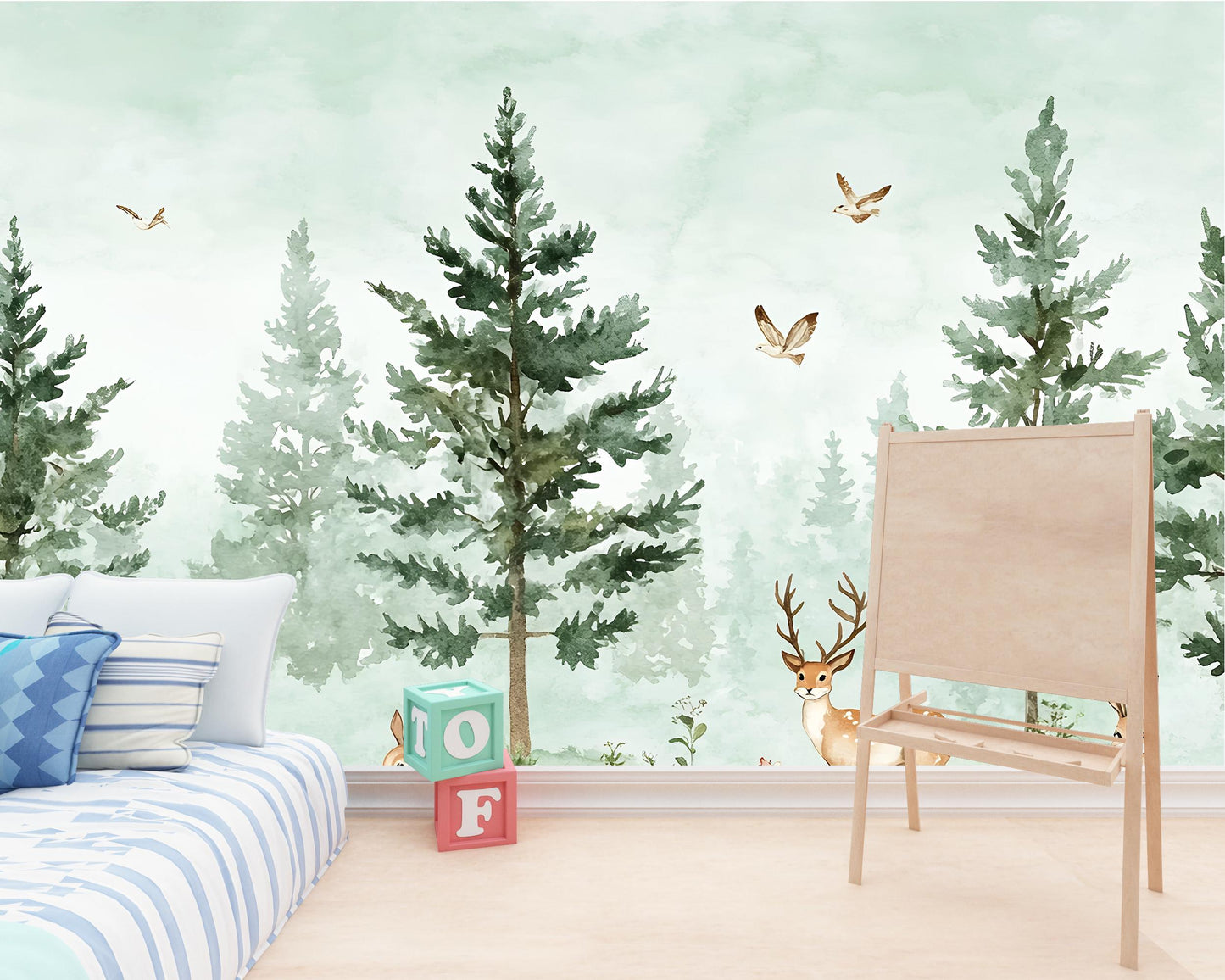 Woodland Forest Animal Nursery Wallpaper – Deer, Bunny, Tree Wall Mural for Baby Room, Nature Theme Wall Decor Vn262