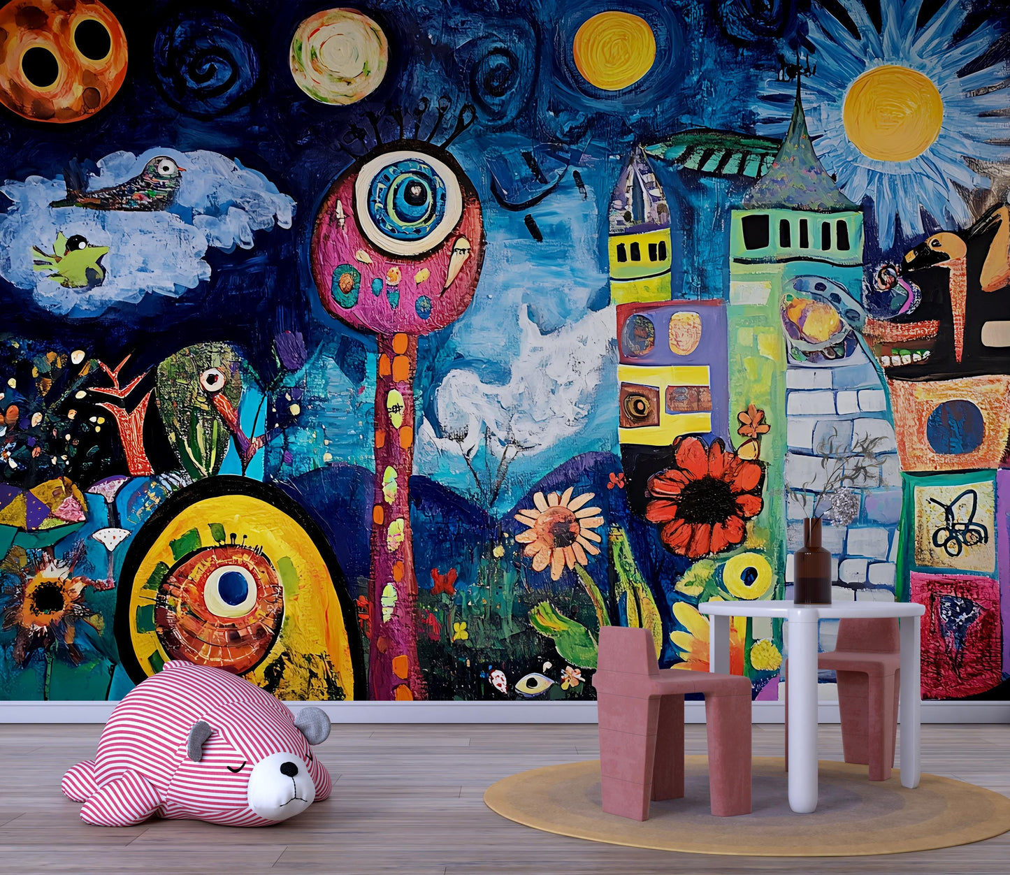 Whimsical Nursery Wall Mural | Colorful Abstract Baby Room Art | Dreamy Fantasy Animal Castle Jungle Decor Vn413