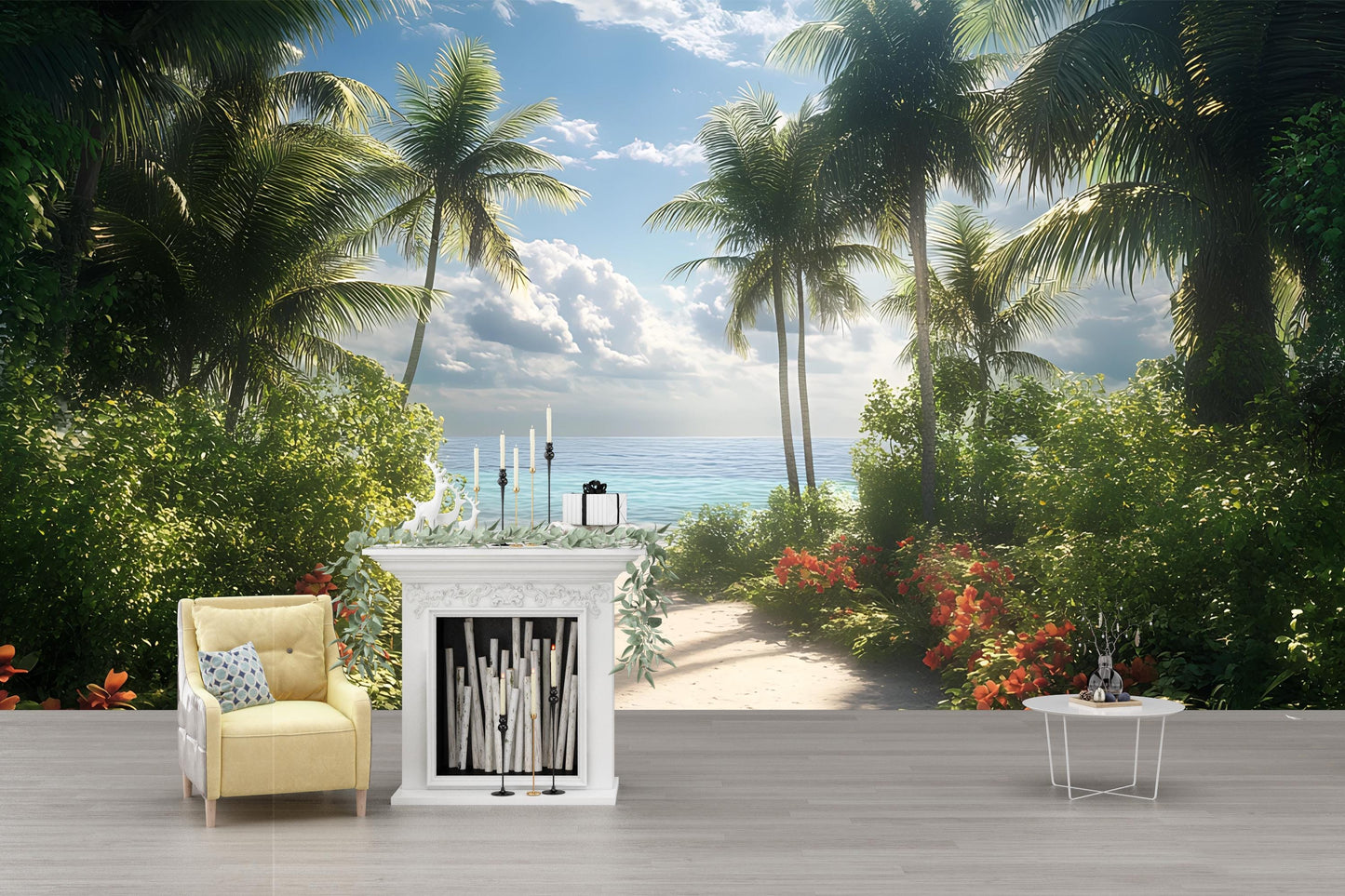 Tropical Beach Wall Mural | Ocean View Palm Tree Wallpaper | Coastal Jungle Scenic Removable Wall Art Vn291