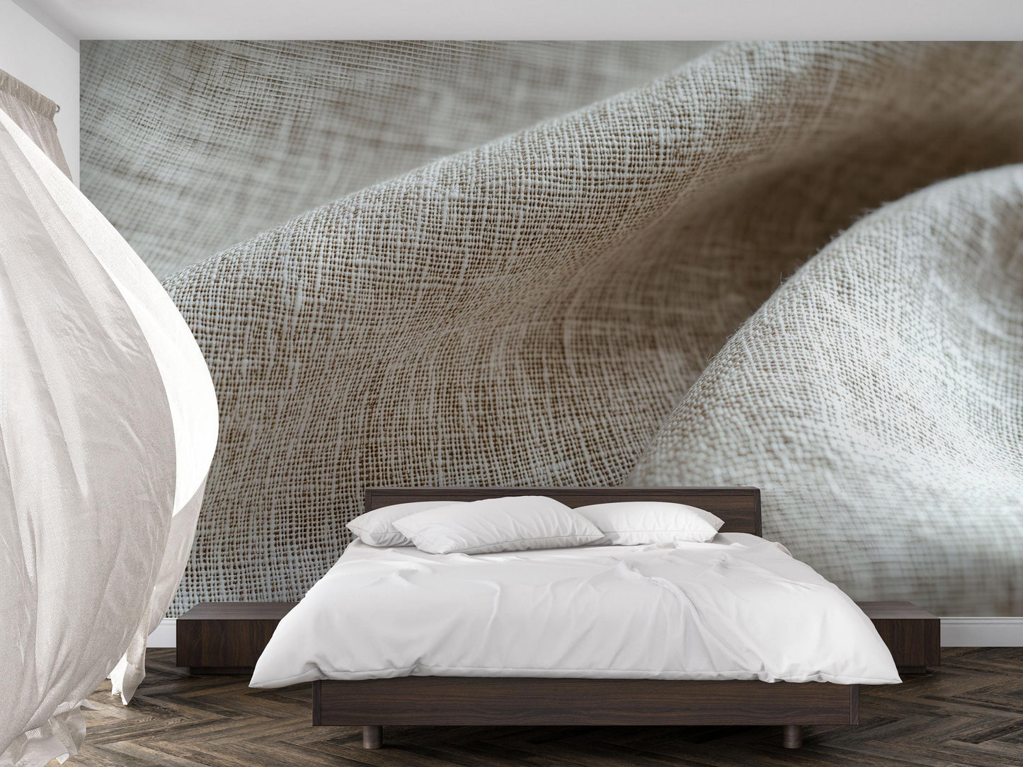 Beige Linen Texture Wall Mural – Minimalist Neutral Bedroom Wallpaper Vn836