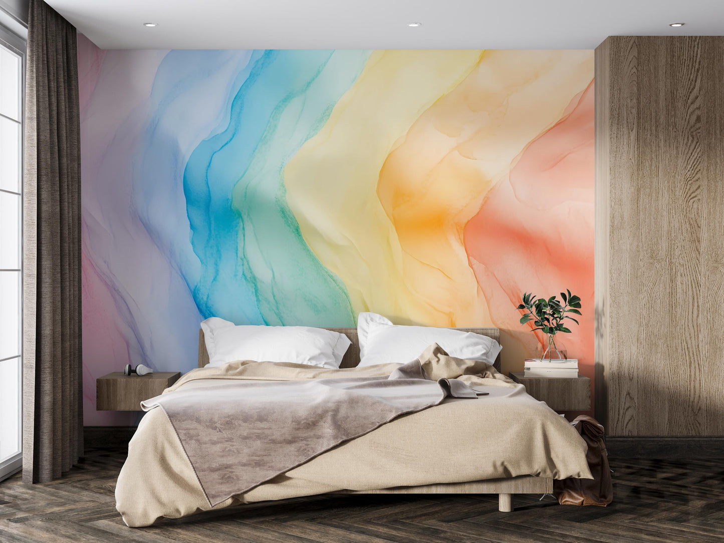 Rainbow Watercolor Wall Mural – Modern Abstract Gradient Wallpaper for Bedroom Accent Wall, Sloped Ceiling Design Art Vn398