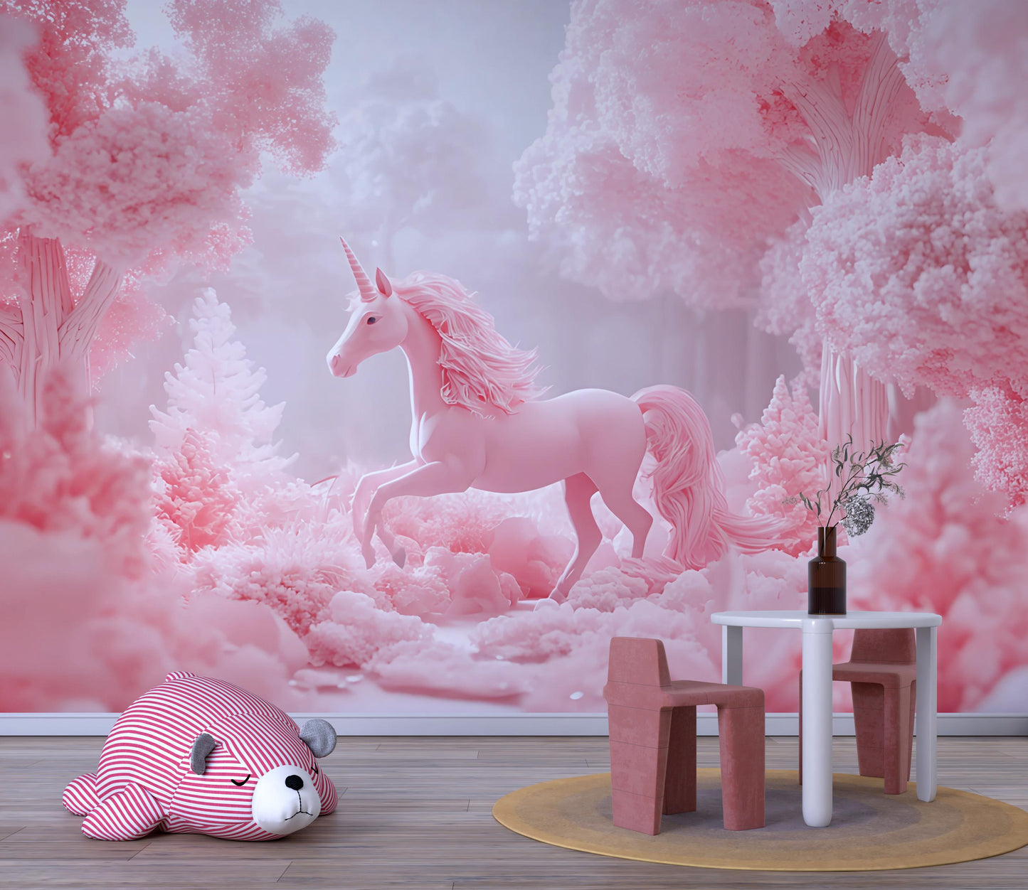 Pink Unicorn Forest Wall Mural | Dreamy Fantasy Wallpaper for Kids Room | Whimsical Pastel Nursery Decor Vn 299