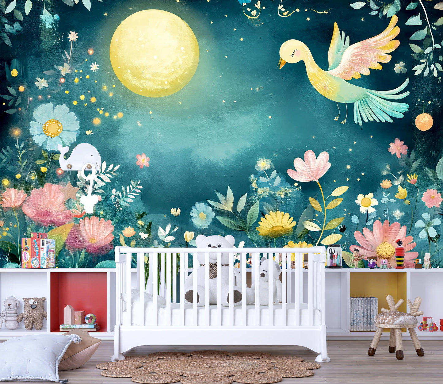 Whimsical Floral Bird Kids Wall Mural – Moonlit Garden Nursery Wallpaper – Colorful Nature Theme Playroom Art Vn434