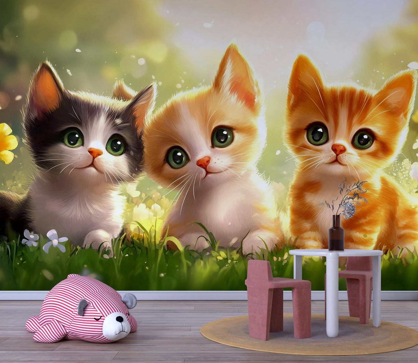 Cute Kittens Wall Mural | Adorable Cat Art for Kids Room | Nursery Animal Decor Vn318