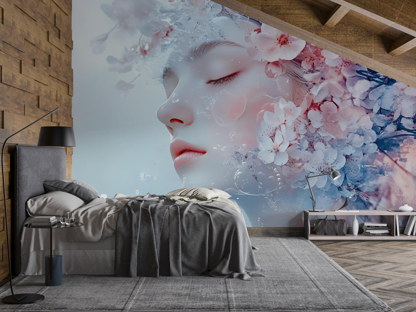 Floral Dream Face Wall Mural – Soft Feminine Art Mural for Bedroom or Studio, Cherry Blossom Fantasy Aesthetic Wall Decor Vn264