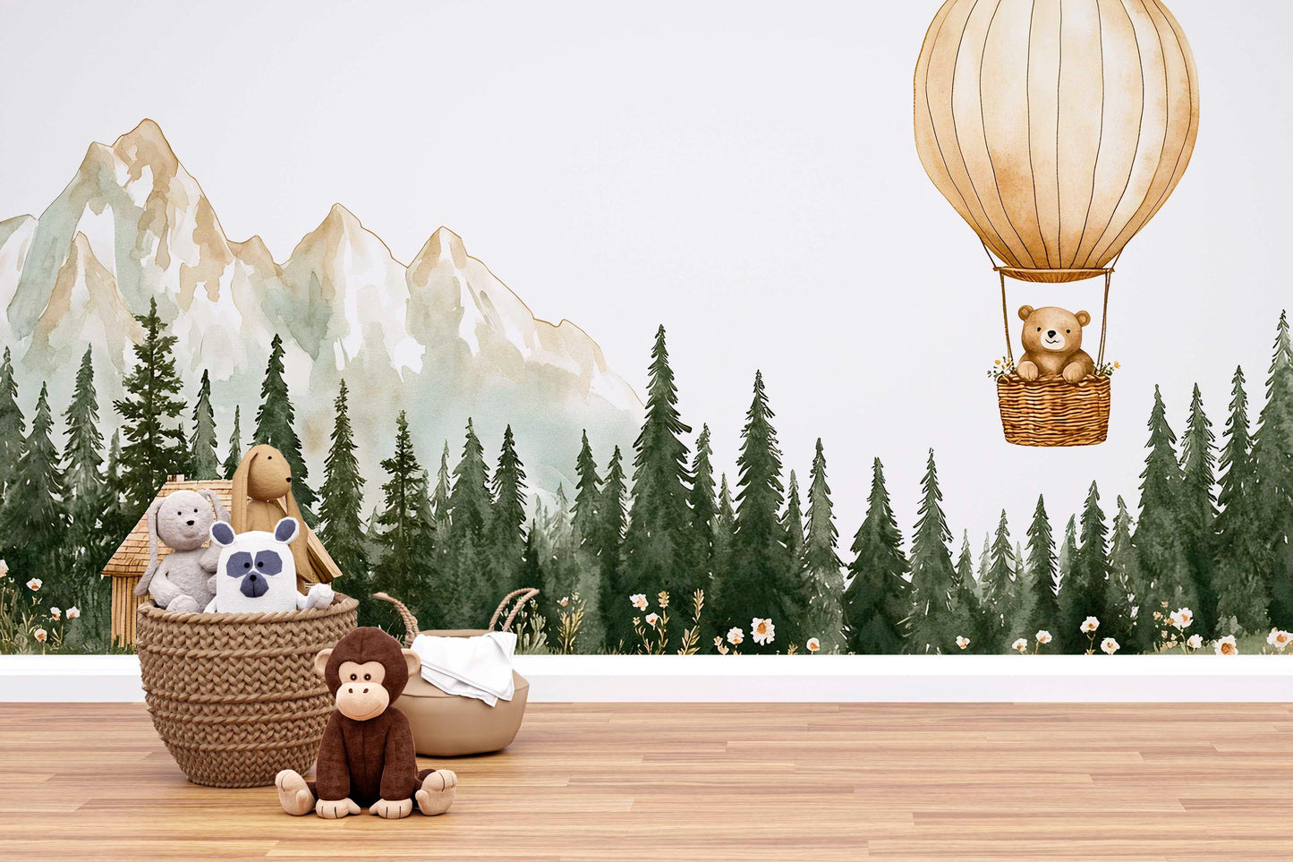 Whimsical Forest Nursery Wall Mural – Hot Air Balloon Bear, Cabin & Mountains – Kids Room Wallpaper, Woodland Baby Room Decor Vn448