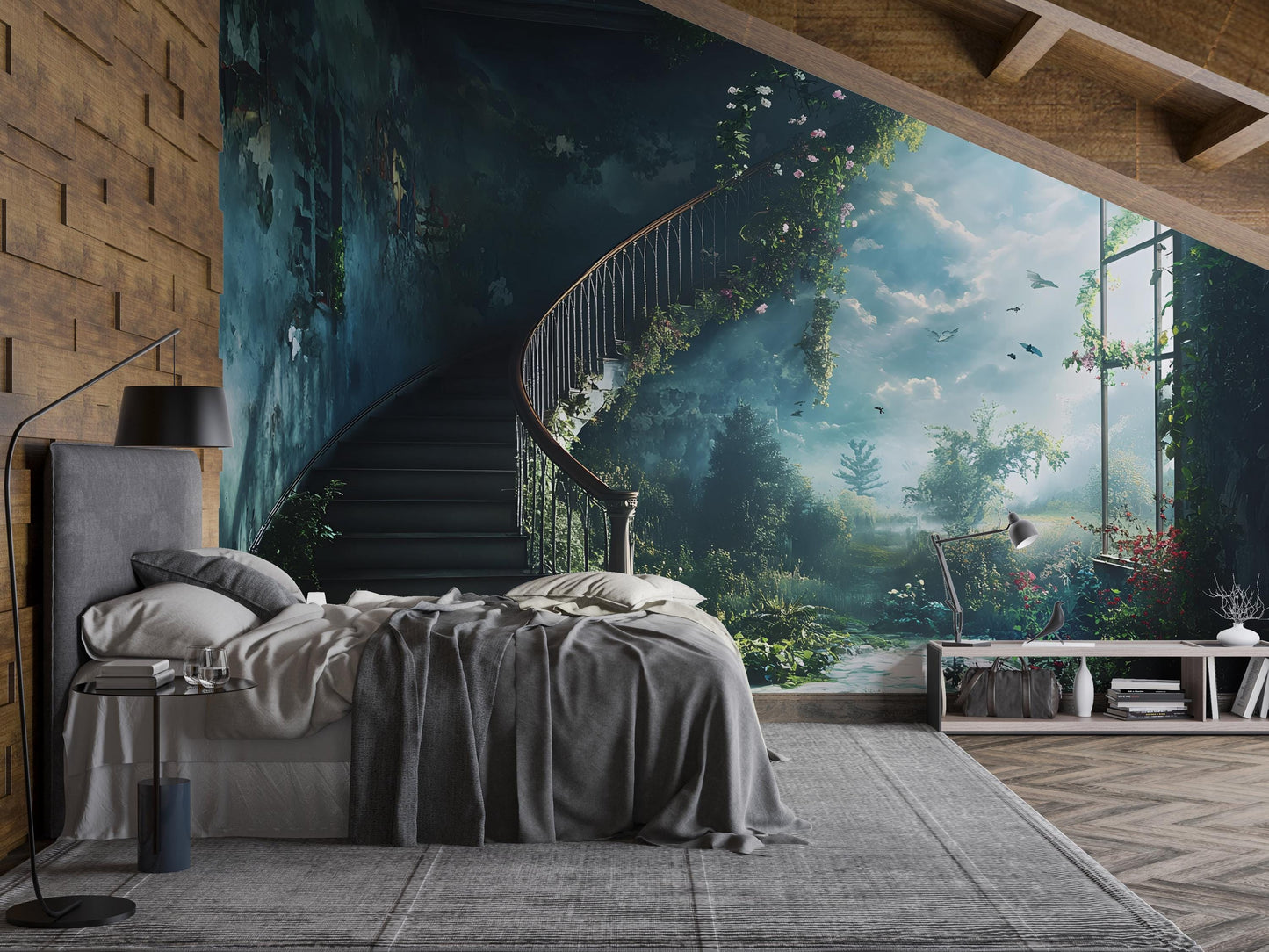 Mystical Staircase Forest Wall Mural – Dreamy Nature Fantasy Bedroom Wallpaper Vn475