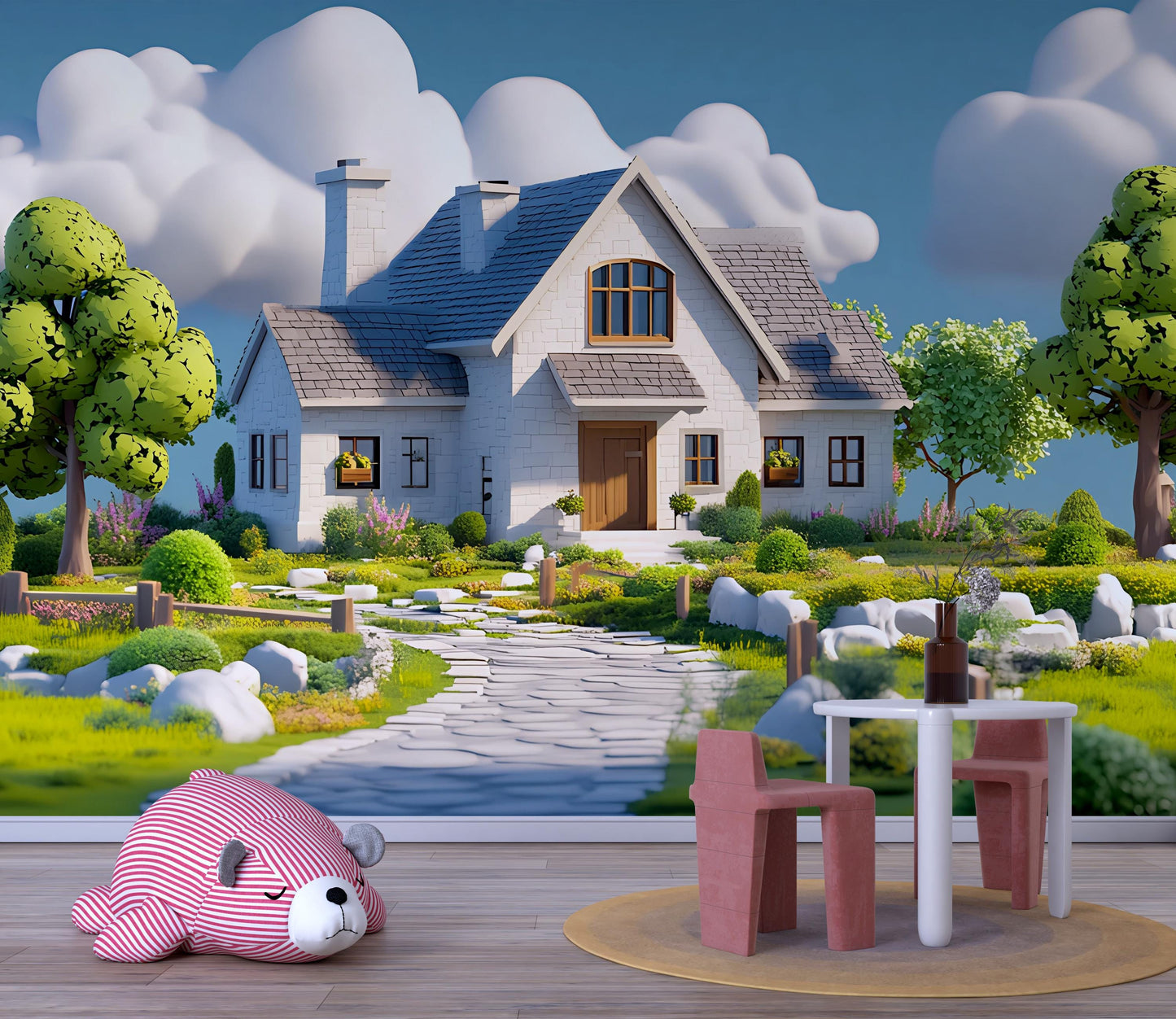 Whimsical Cottage Wall Mural for Kids Room – Cozy Fantasy House with Trees & Clouds Vn243