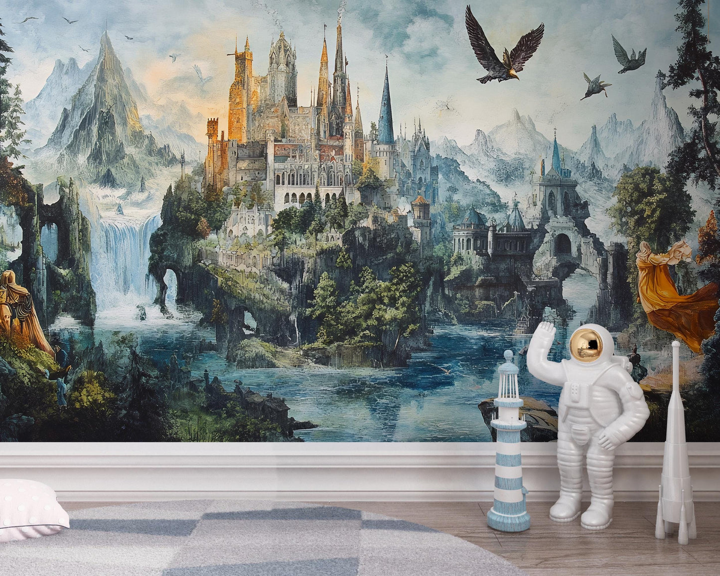Fantasy Castle Wall Mural for Kids Room – Magical Fairytale Kingdom Wallpaper – Boys Bedroom Adventure Decor – Landscape Mural Art Vn185