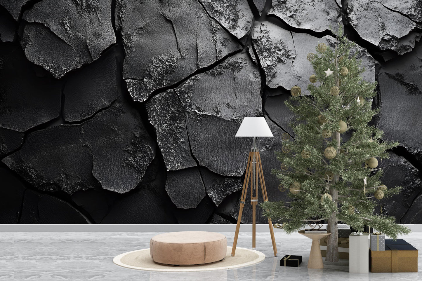 Modern Cracked Black Wall Mural | Textured Abstract Wallpaper | Luxury 3D Look Accent Wall Art for Living Room or Office Vn244