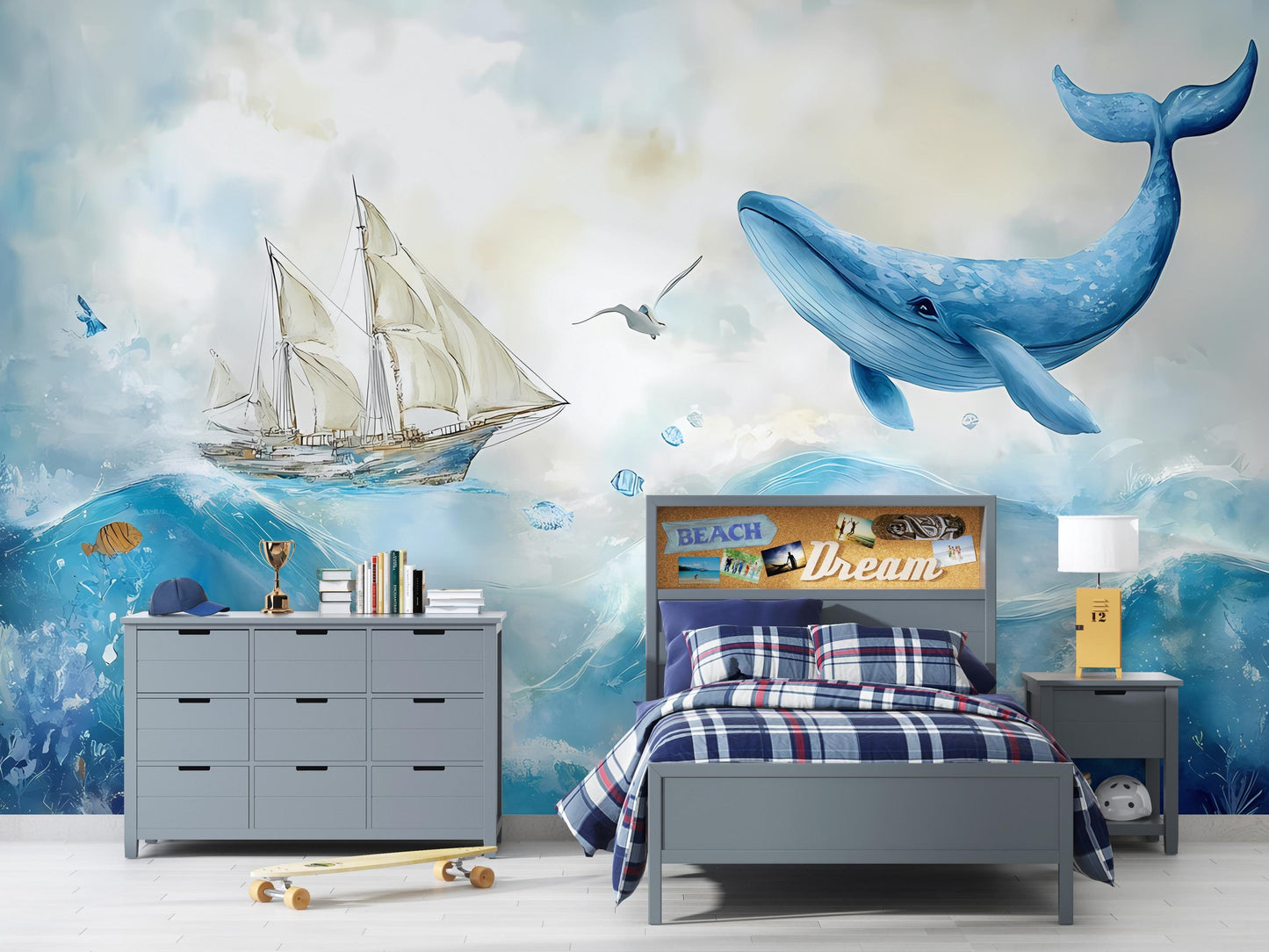 Ocean Whale Wall Mural – Nautical Sea Life Wallpaper, Blue Whale and Sailboat Wall Art, Underwater Marine Theme Accent Wall Décor Vn090