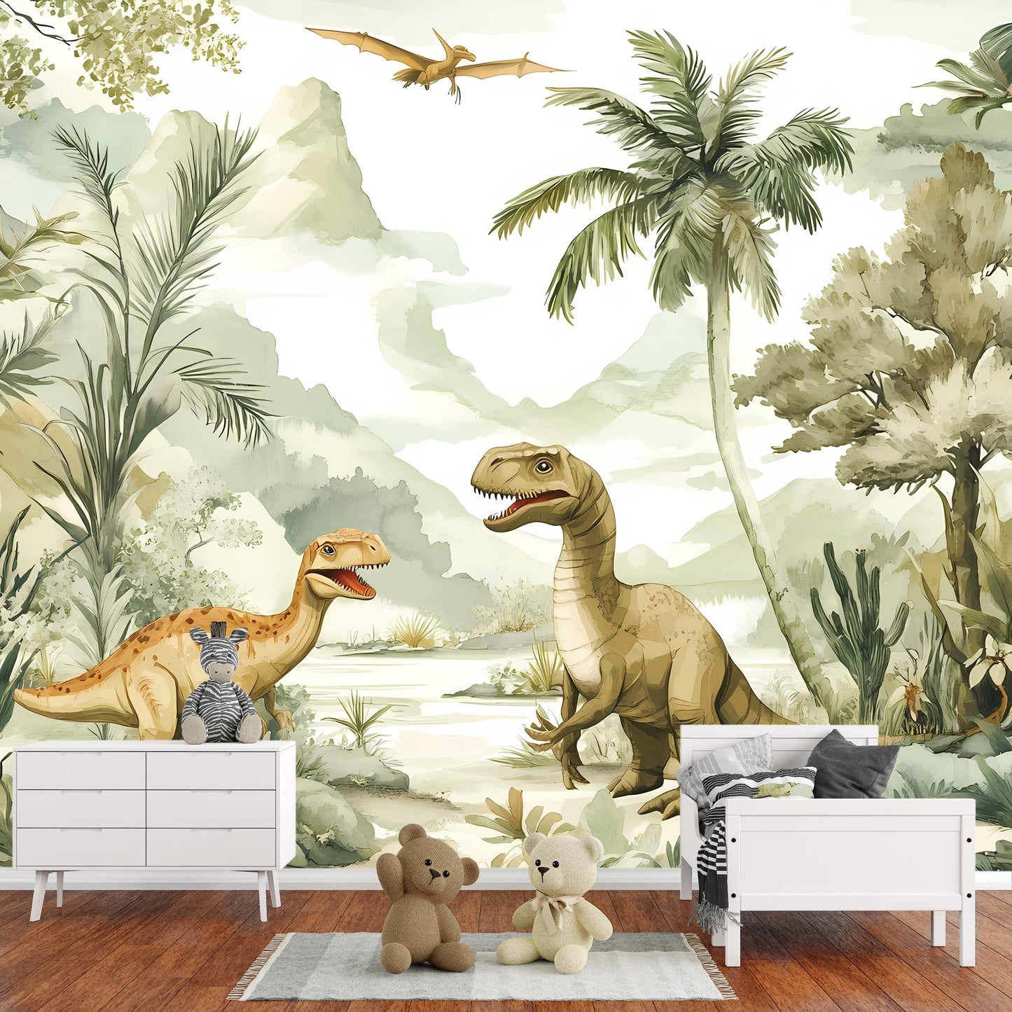 Dinosaur Jungle Wallpaper Mural for Kids Room – Boys Bedroom Decor with T-Rex & Raptor – Wall Art Vn005