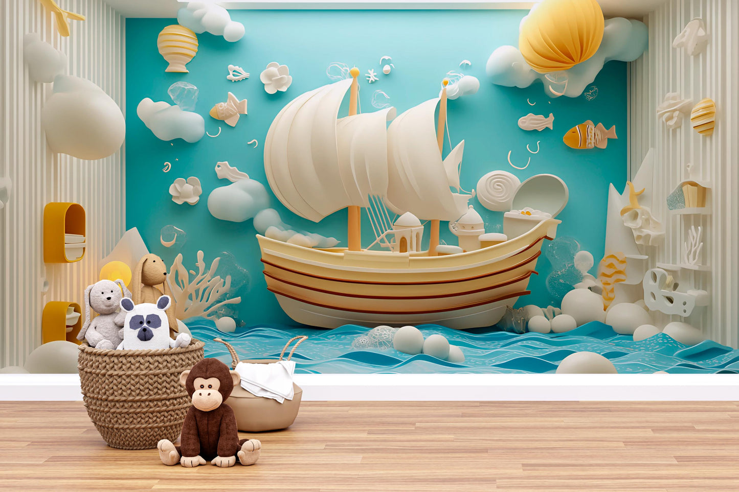 Whimsical Ocean Ship Wall Mural for Kids Room – Nautical 3D Art Print Vn329