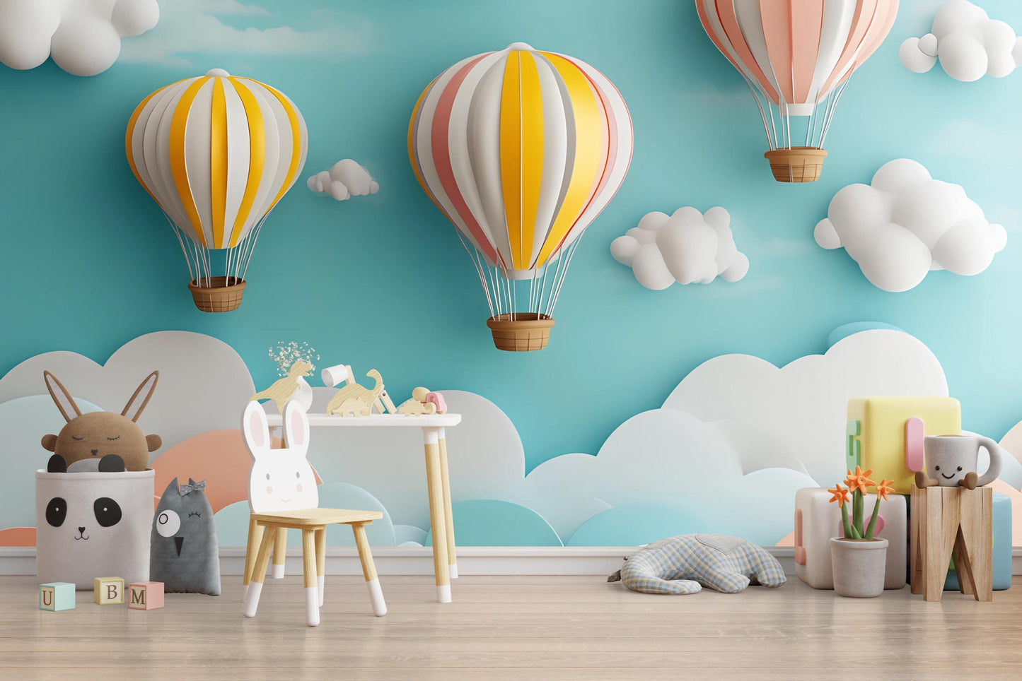 Whimsical Hot Air Balloon Nursery Wall Mural | 3D Cloud Kids Room Decor | Colorful Baby Room Wallpaper | Playroom Backdrop Art Print Vn379