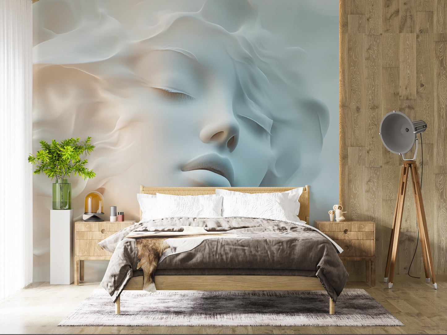 Dreamy Surreal Face Wall Mural – Soft Abstract Woman Portrait Art for Bedroom, Modern 3D Textured Look Wallpaper Vn265