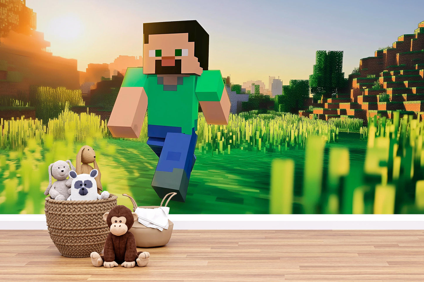 Minecraft Wall Mural for Kids Room – Steve Running Scene Wallpaper – Gamer Bedroom Decor – 3D Video Game Wall Art Vn281
