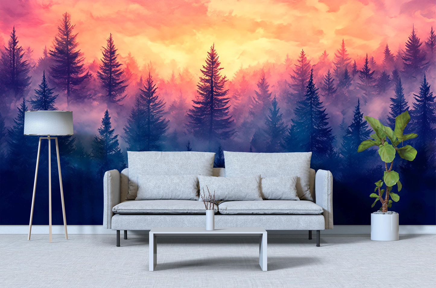 Pink Sunset Forest Wall Mural – Misty Pine Trees Wallpaper – Dreamy Nature Landscape Art for Living Room Vn249