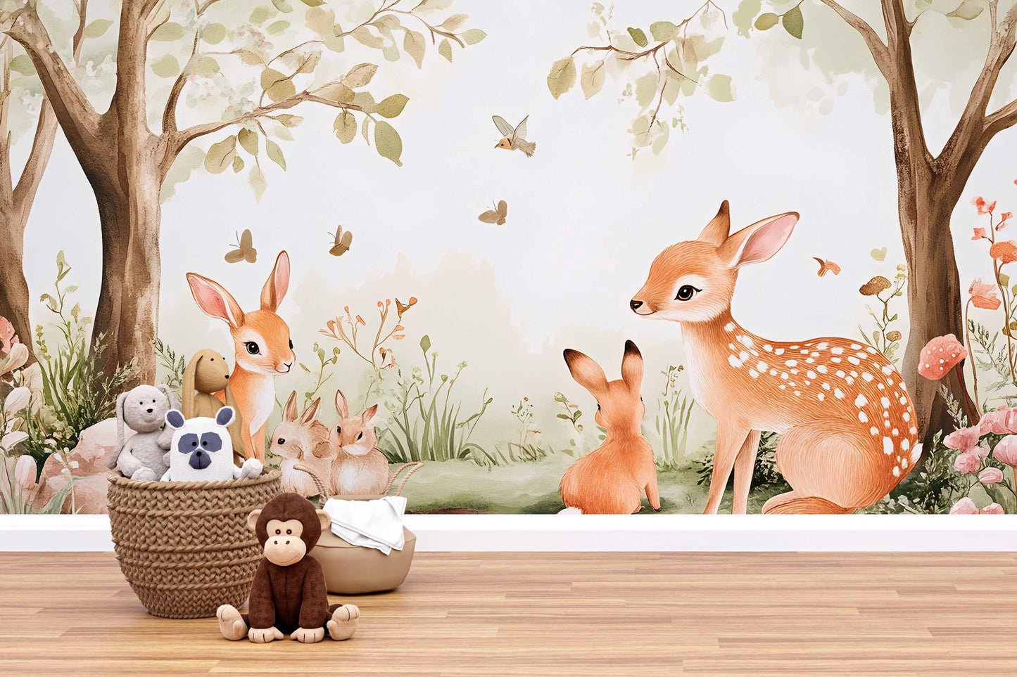Woodland Animal Nursery Wall Mural – Cute Deer, Bunnies & Forest Scene Wallpaper for Baby Room, Gender Neutral Nursery Decor Vn449