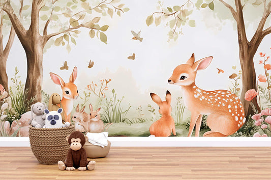 Woodland Animal Nursery Wall Mural β Cute Deer, Bunnies & Forest Scene Wallpaper for Baby Room, Gender Neutral Nursery Decor Vn449