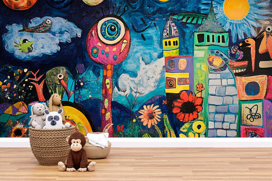 Whimsical Nursery Wall Mural | Colorful Abstract Baby Room Art | Dreamy Fantasy Animal Castle Jungle Decor Vn413