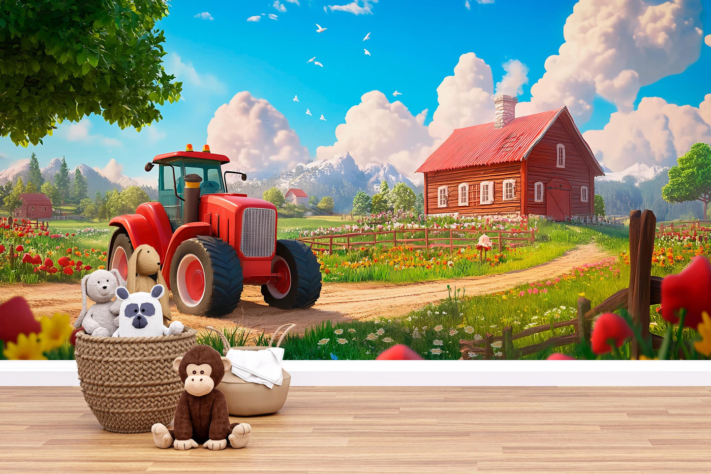 Farm Nursery Wall Art – Red Tractor & Barn Landscape Mural – Country Baby Room Decor for Boys or Girls Vn316