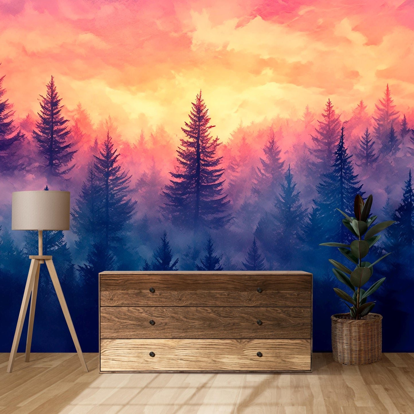 Pink Sunset Forest Wall Mural – Misty Pine Trees Wallpaper – Dreamy Nature Landscape Art for Living Room Vn249