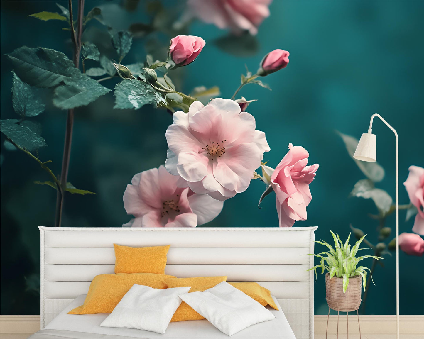 Romantic Pink Rose Wall Mural for Bedroom – Floral Nature Wallpaper Art – Large Botanical Accent Wall Decor Vn211
