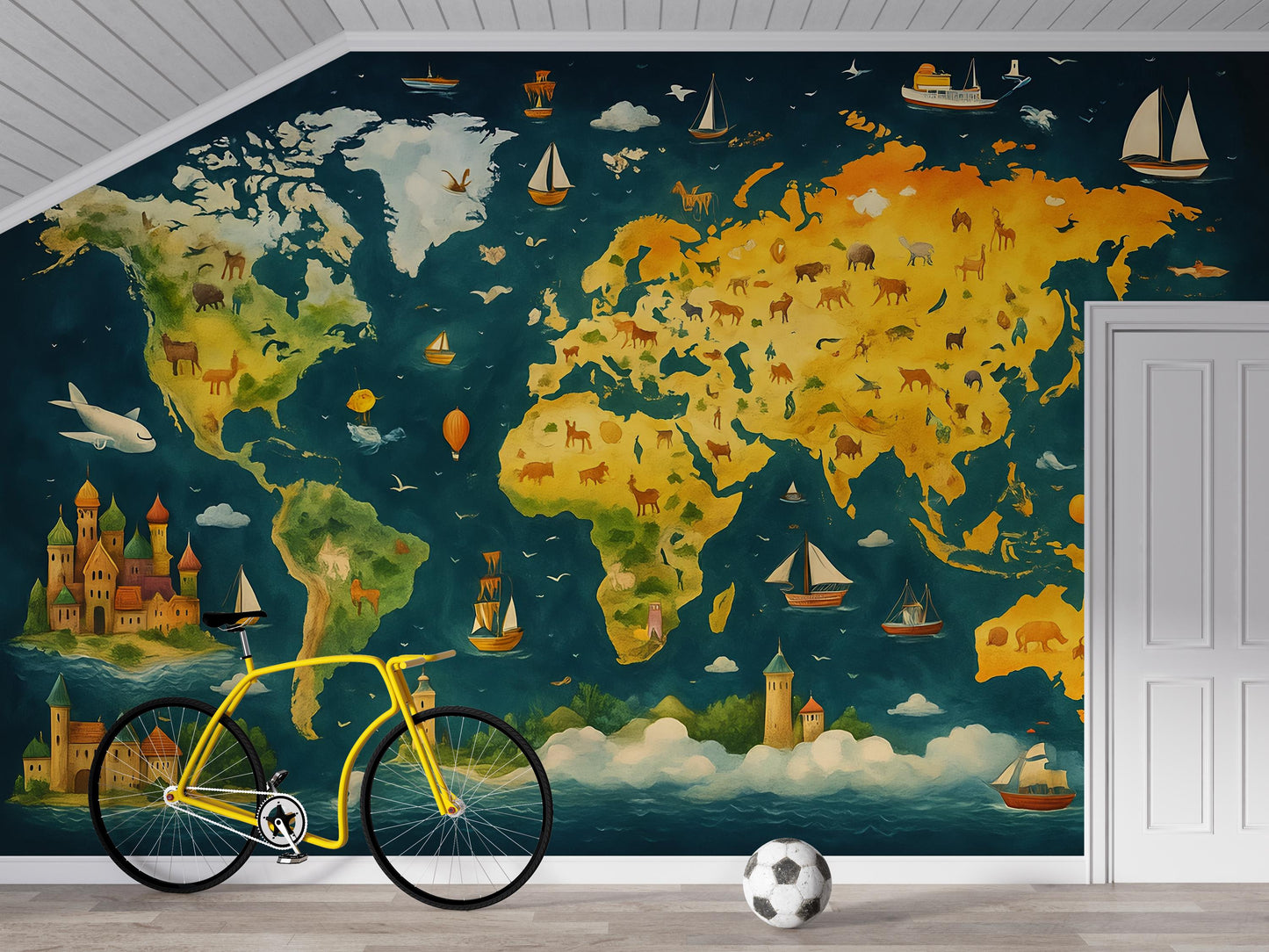 World Map Kids Wall Mural | Educational Wallpaper | Adventure Theme Nursery Decor | Geography Playroom Wall Art Vn423
