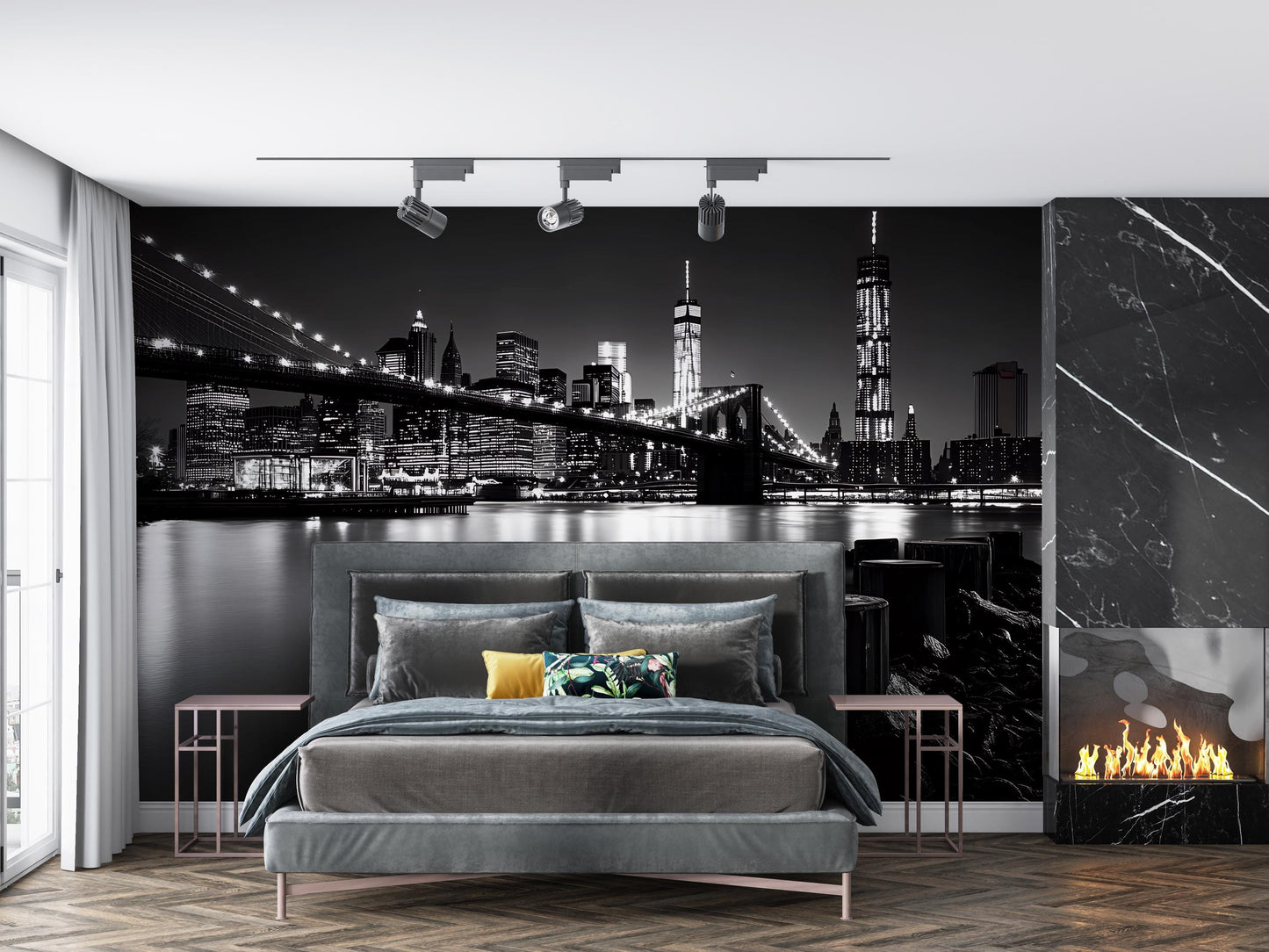 NYC Skyline Wall Mural | Black and White Cityscape Wallpaper | Modern Urban Bedroom Decor | Brooklyn Bridge Night Scene Vn369