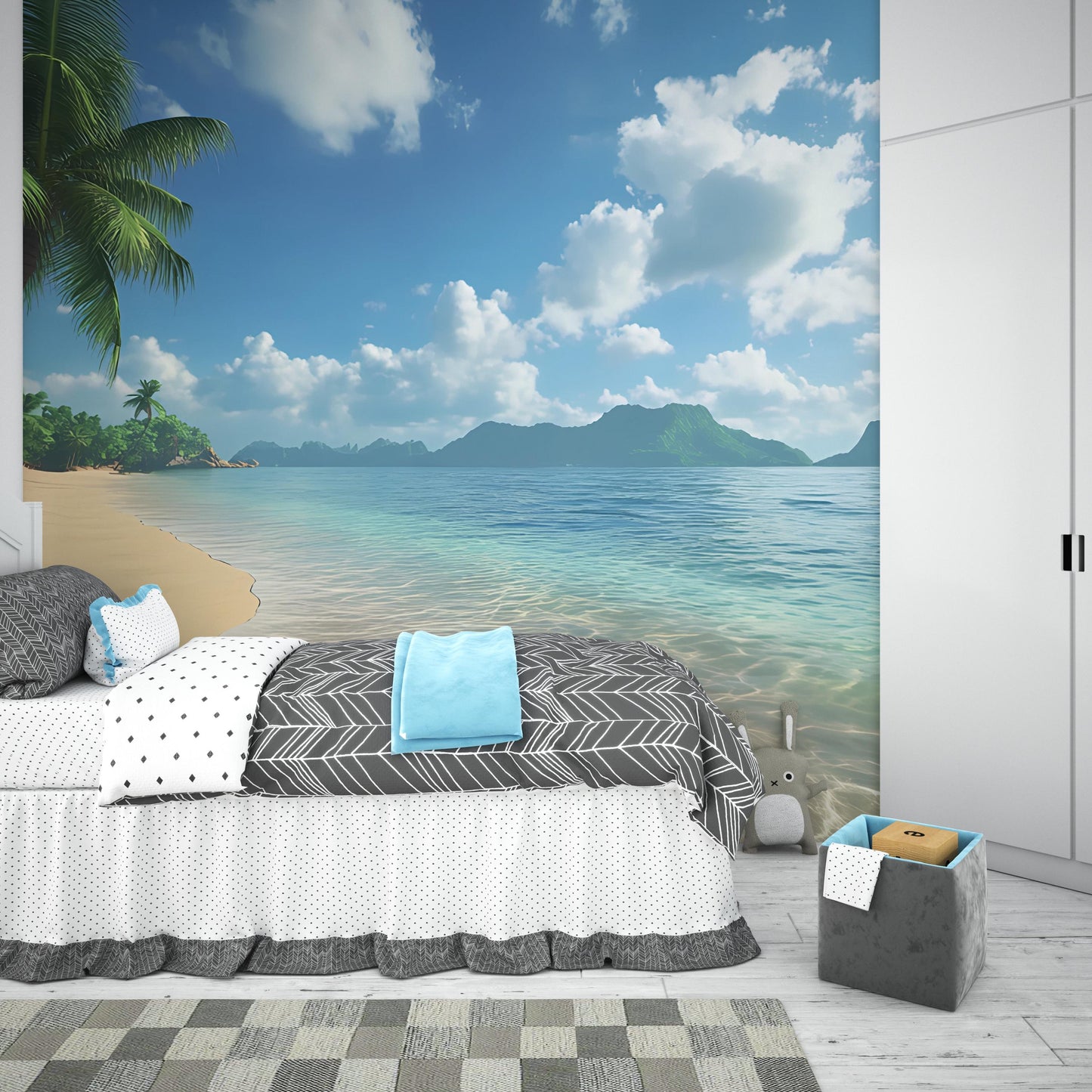 Tropical Beach Wall Mural – Ocean View Wallpaper for Bedroom, Palm Tree Seaside Wall Decor, Coastal Landscape Accent Vn285