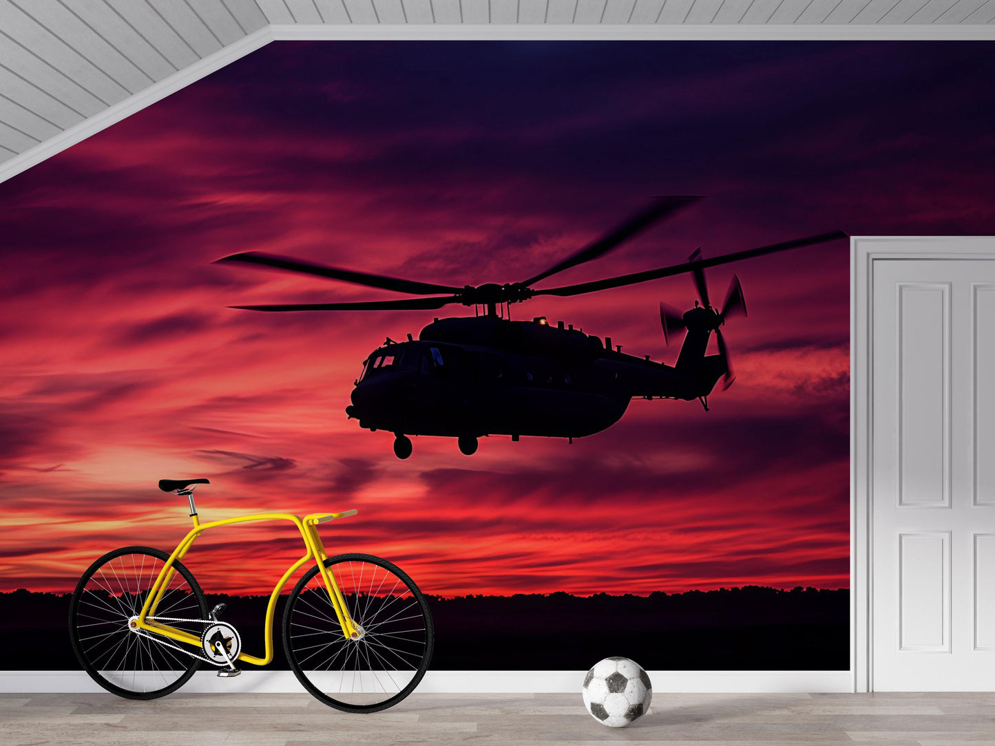 Helicopter Wall Mural for Boys Bedroom – Military Aircraft Sunset Wallpaper – Teen Room Decor – Aviation Theme Wall Art Vn460