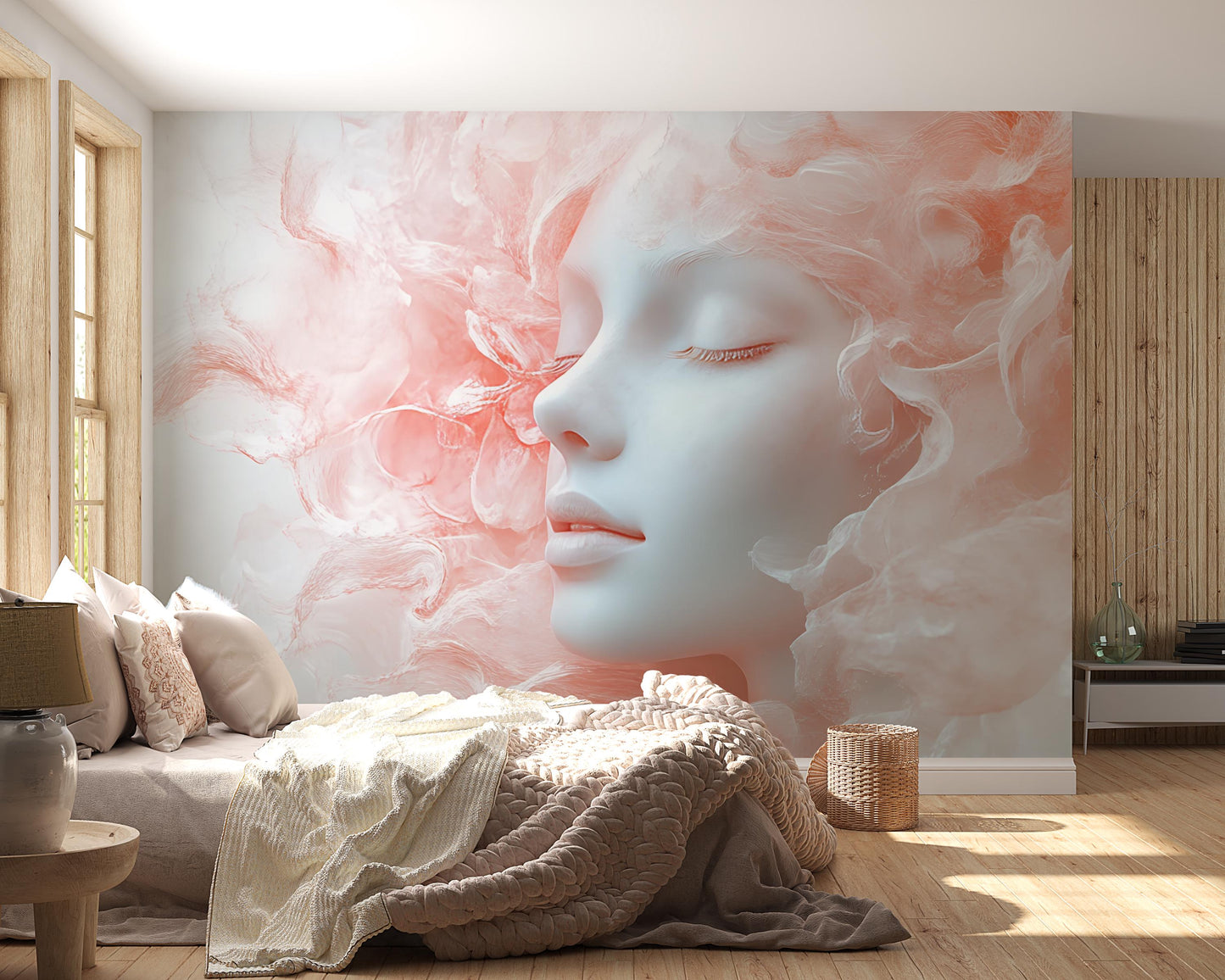 Dreamy Face Wall Mural – Ethereal Pink Smoke Art, Feminine Abstract Bedroom Decor Vn270