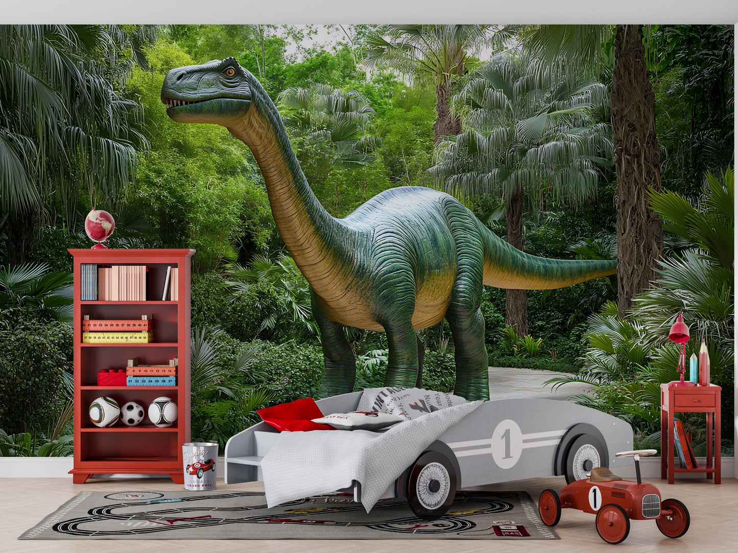 Dinosaur Wall Mural for Kids Room – Jungle Theme Wallpaper with Brachiosaurus | Bold 3D Effect Dino Decor | Removable Peel & Stick Vn406