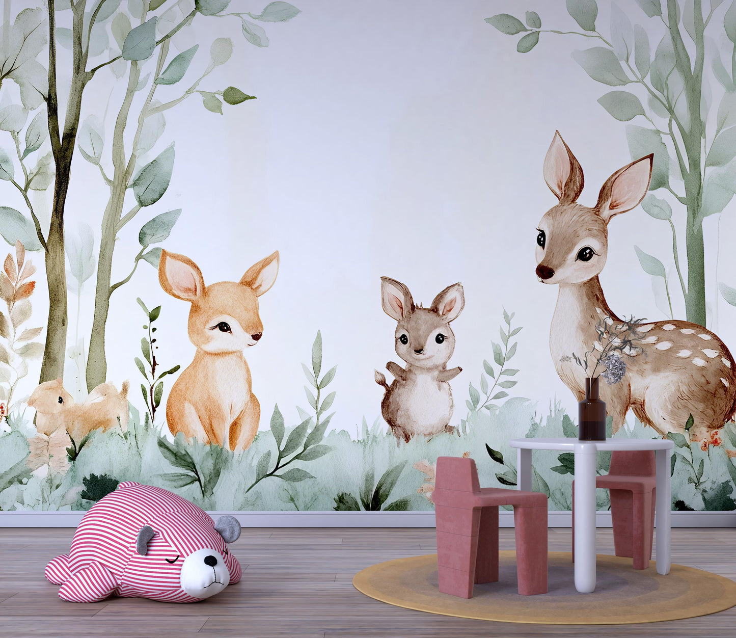 Woodland Animal Nursery Wall Mural – Deer & Bunny Forest Wallpaper – Baby Room Decor – Removable Kids Wall Art Vn 296
