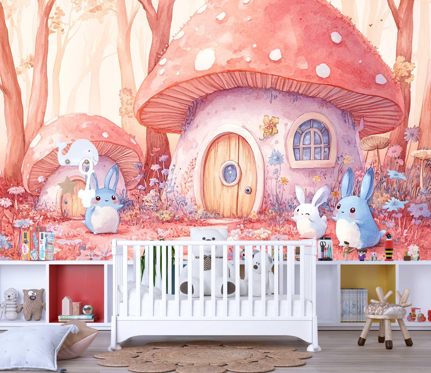 Whimsical Mushroom Forest Bunny Wall Mural – Cute Woodland Animal Nursery Wallpaper – Removable Baby Room Decor for Girls & Boys Vn446