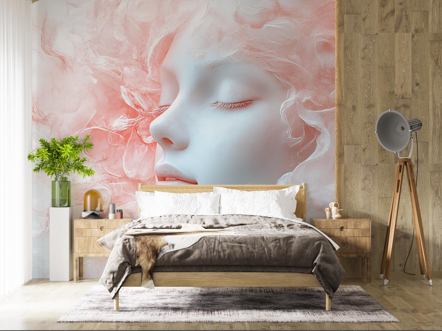 Dreamy Face Wall Mural – Ethereal Pink Smoke Art, Feminine Abstract Bedroom Decor Vn270