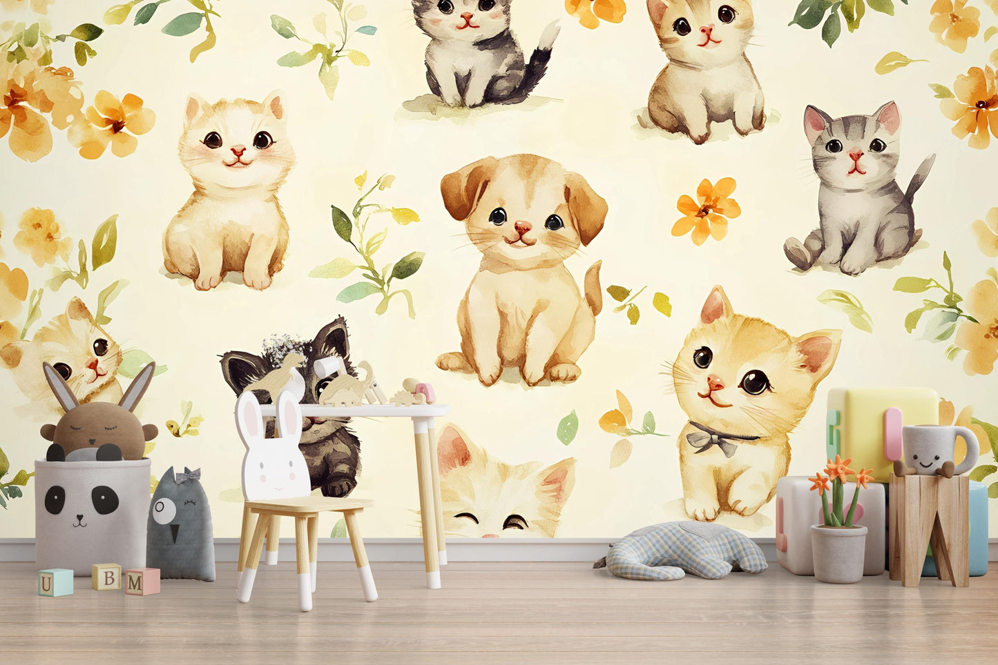 Cute Kitten Puppy Nursery Wallpaper – Watercolor Animal Wall Mural for Baby Room Vn319