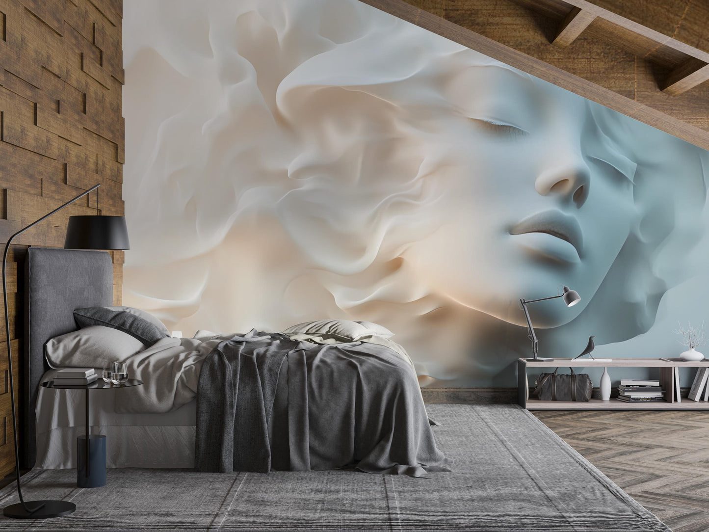 Dreamy Surreal Face Wall Mural – Soft Abstract Woman Portrait Art for Bedroom, Modern 3D Textured Look Wallpaper Vn265