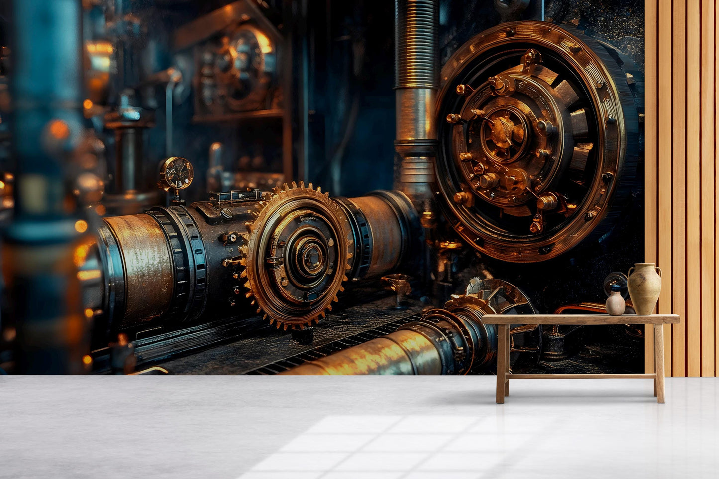 Steampunk Industrial Gear Wall Mural – Retro Mechanical Machine Art, Sci-Fi Decor for Office, Loft, or Studio Accent Wall Vn383