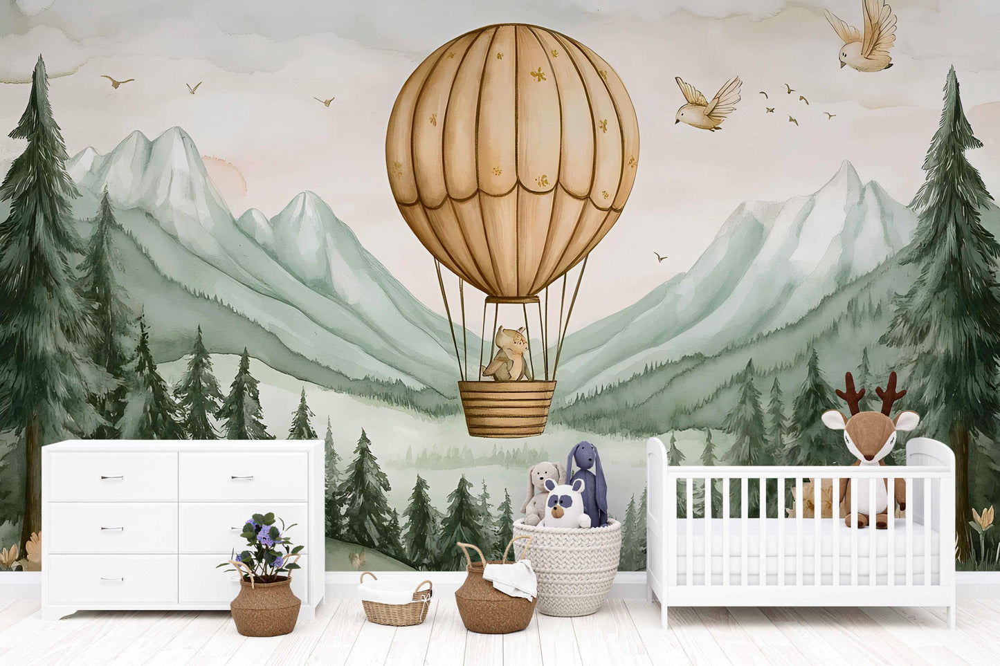 Whimsical Bear Hot Air Balloon Nursery Wall Mural – Forest Mountains Animal Wallpaper for Kids Room Decor Vn447