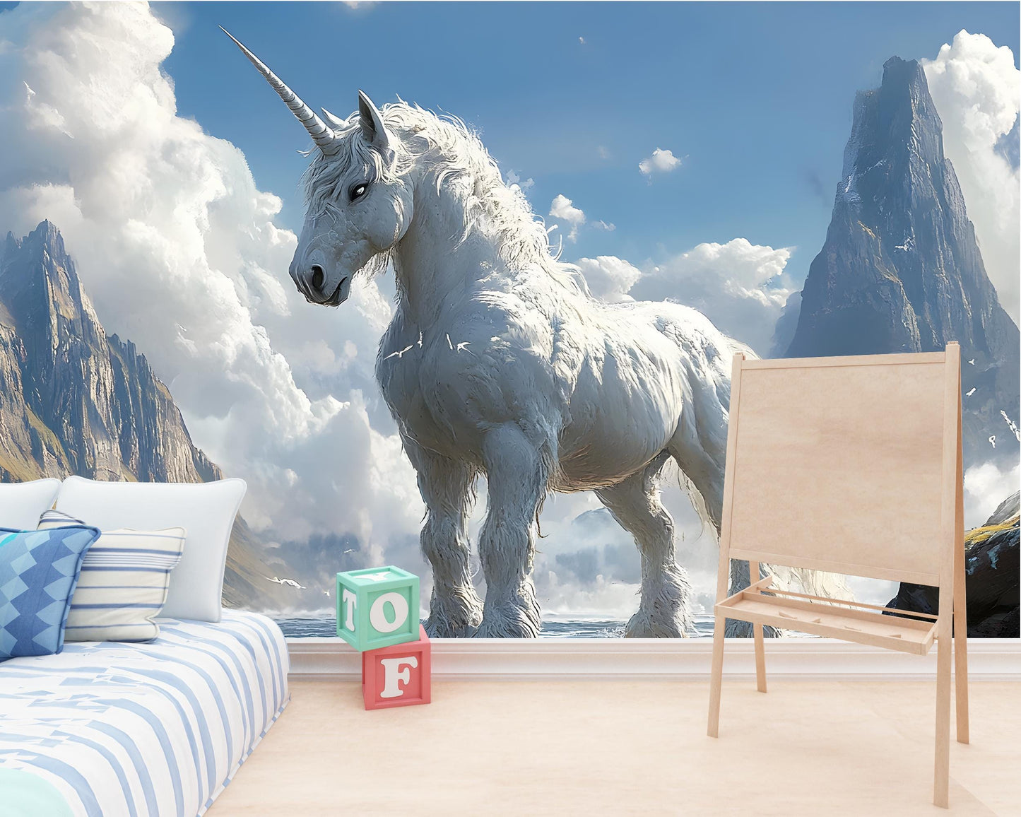Fantasy Unicorn Wall Mural for Kids Room - Majestic Mythical Horse Wallpaper - Nursery Decor with Hot Air Balloons and Teepee Tent Vn026