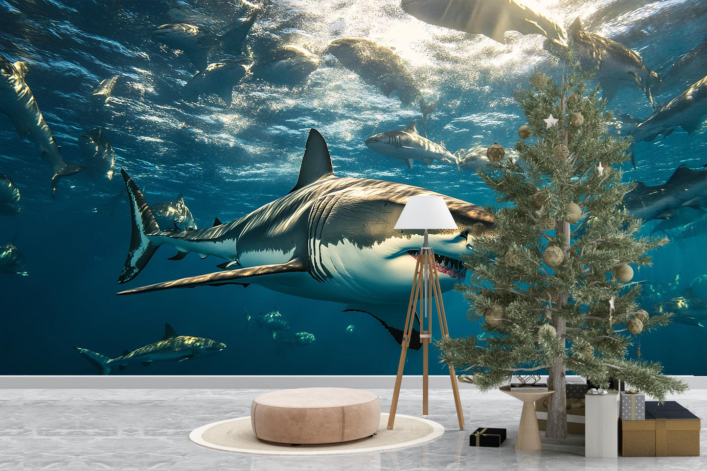 Shark Ocean Wall Mural | 3D Underwater Shark Wallpaper | Great White Shark Decor | Ocean Scene Wall Art | Sea Life Room Accent Vn388